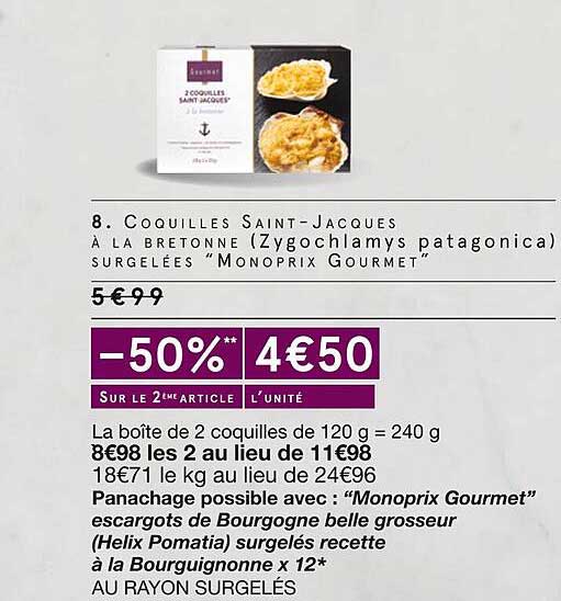 coquilles saint-jacques à la bretonne (zygochlamys potagonica) surgelées "monoprix gourmet"
