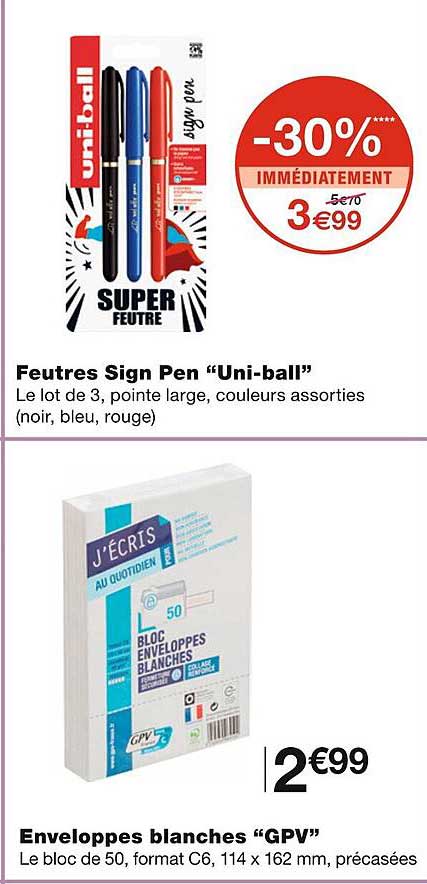 feutre sign pen "uni-ball", enveloppes blanches "gpv"