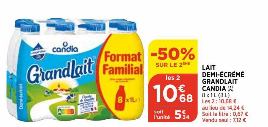 Lait Demi-écrémé Grandlait Candia