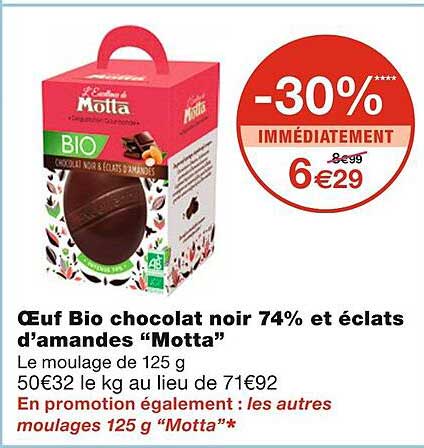 oeuf bio chocolat noir 74% et éclats d'amandes "motta"