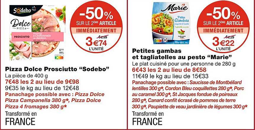 Pizza Dolce Prosciutto "sodebo", Petites Gambas Et Tagliatelles Au Pesto "marie"