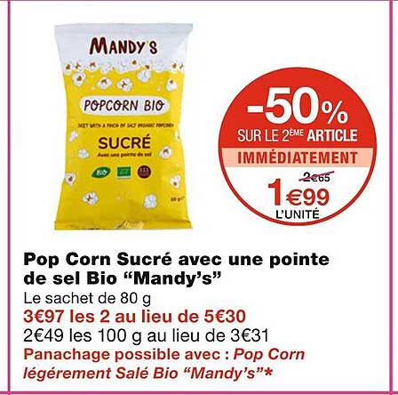 pop corn sucré avec une pointe de sel bio "mandy's"