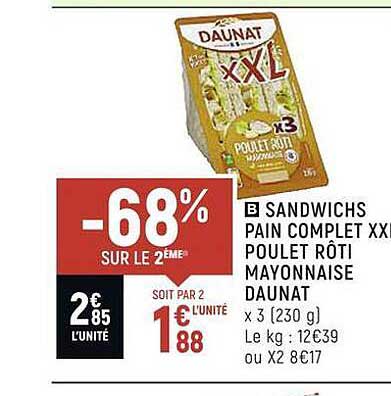 Sandwichs Pain Complet Xxl Poulet Rôti Mayonnaise Daunat