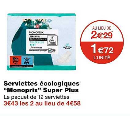 Serviettes écologiques "monoprix" Super Plus