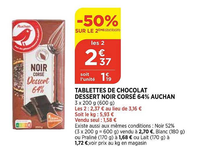 Tablettes De Chocolat Dessert Noir Corsé 64% Auchan