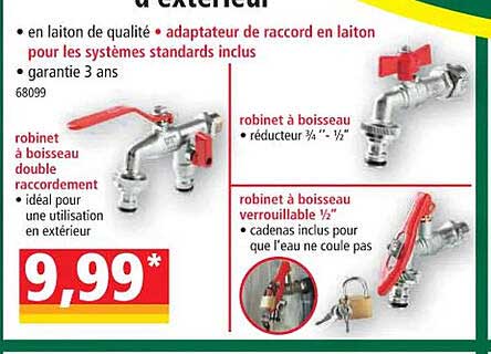 robient à boisseau double raccordement, robinet à boisseau, robinet à boisseau verrouillable 1-2"