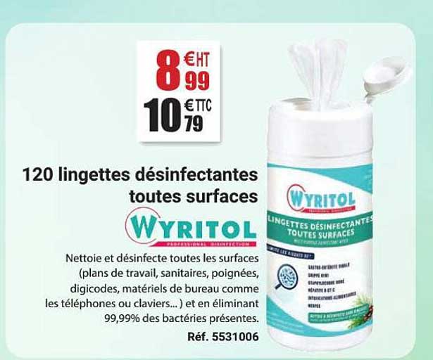 120 lingettes désinfectantes toutes surfaces wyritol