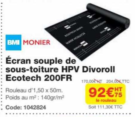 bmi monier écran souple de sous-toiture hpv divoroll ecotech 200fr