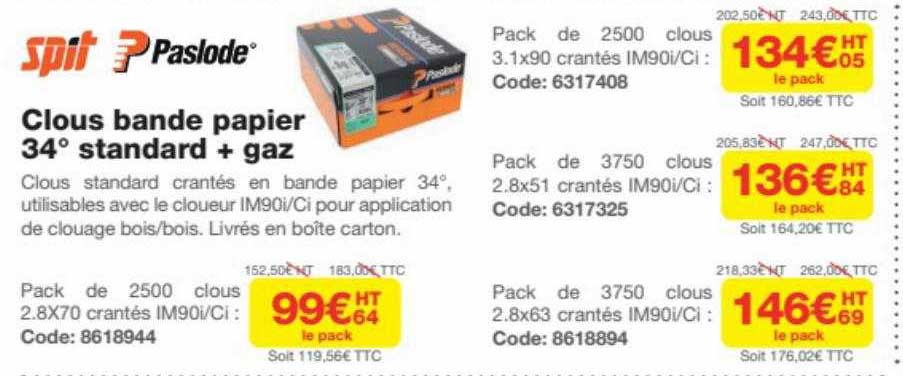 clous bande papier 34° standard + gaz spit paslode