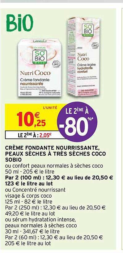 crème fondante nourrissante, peaux sèches à très sèches coco so'bio étic