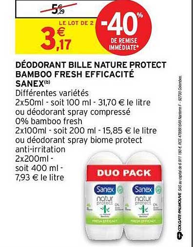 déodorant bille nature protect bamboo fresh efficacité sanex