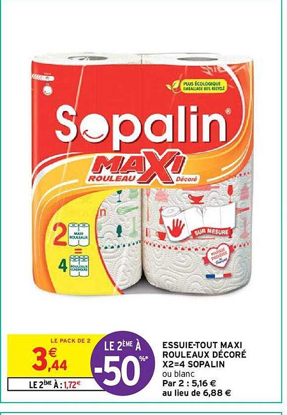 Essuie-tout Maxi Rouleaux Décoré X2=4 Sopalin Le 2ème à -50%