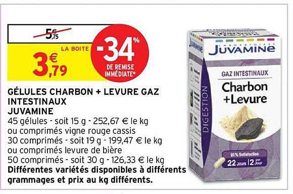 gélules charbon + levure gaz intestinaux juvamine