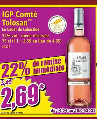 igp comté tolosan le cadet de labastide 12% vol cuvée réservée 22% de remise immédiate