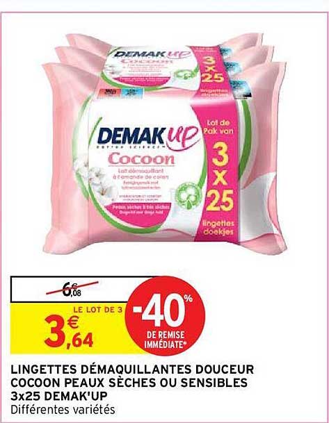 lingettes démaquillantes douceur cocoon peaux sèches ou sensibles 3 x 25 demak'up