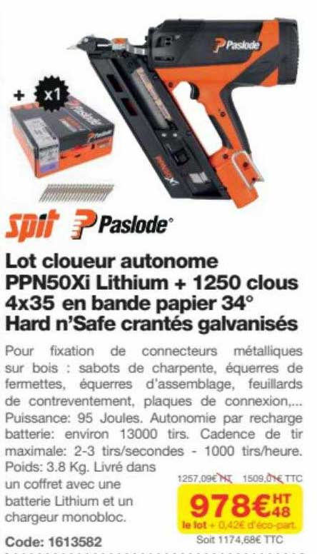 lot cloueur autonome ppn50xi lithium + 1250 clous 4x35 en bande papier 34° hard n'safe crantés galvanisés
