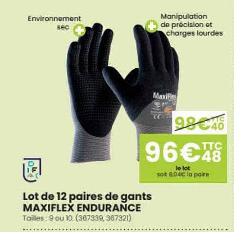 lot de 12 paires de gants maxiflex endurance
