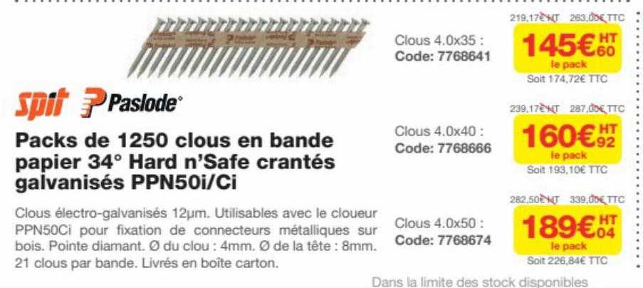packs de 1250 clous en bande papier 34° hard n'safe crantés galvanisés ppn50i ci spit paslode