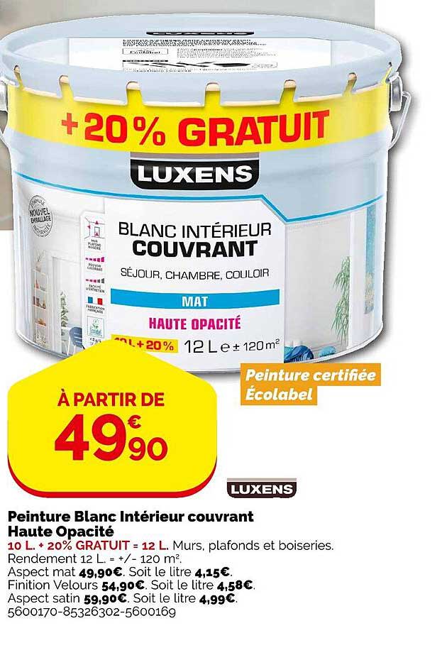 peinture blanc intérieur couvrant haute opacité luxens