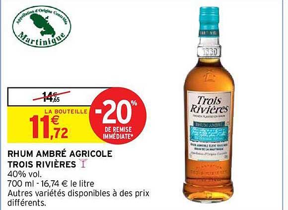 rhum ambré agricole trois rivières -20% de remise immédiate