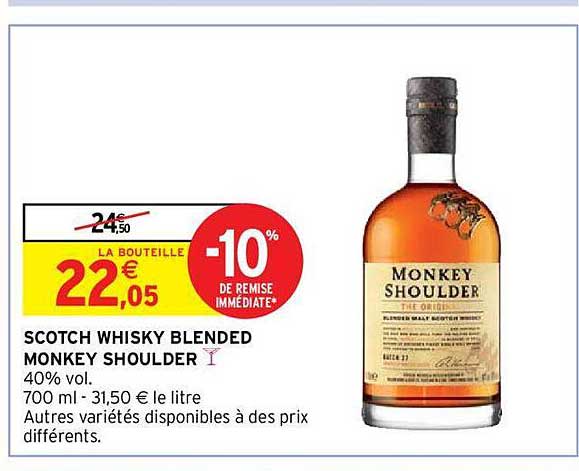 scotch whisky blended monkey shoulder -10% de remise immédiate