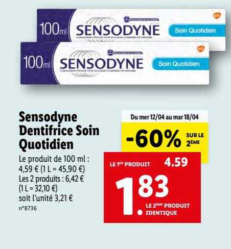 Sensodyne Dentifrice Soin Quotidien -60% Sur Le 2ème