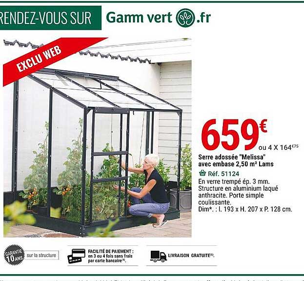 serre adossée "melissa" avec embasse 2,50 m² lams