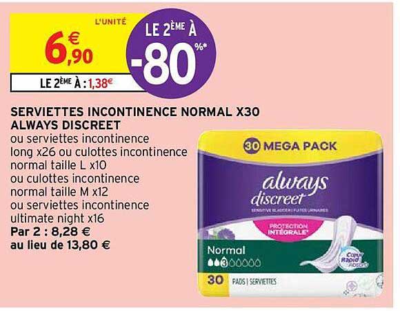 Serviettes Incontinence Normal X30 Always Discreet