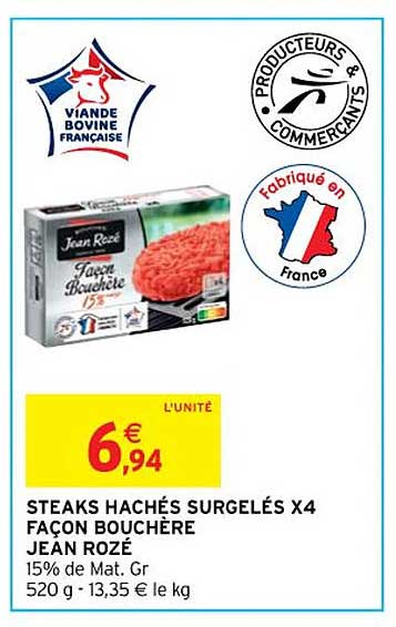 steaks hachés surgelés x 4 façon bouchère jean rozé