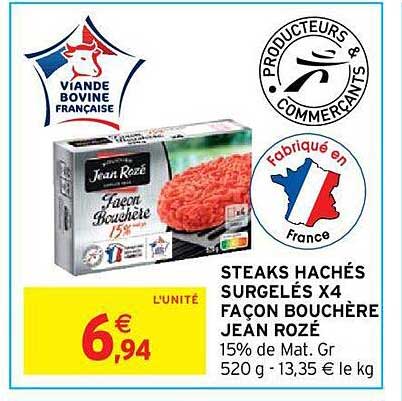 steaks hachés surgelés x4 façon bouchère jean rozé
