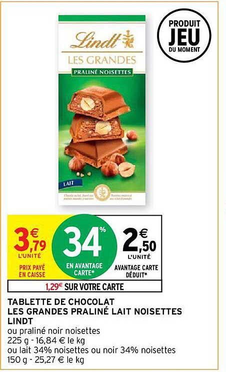 tablette de chocolat les grandes praliné lait noisettes lindt