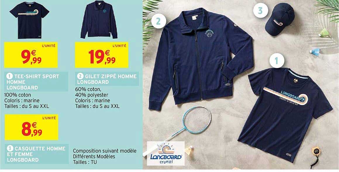 tee-shirt sport homme longboard, gilet zippé homme longboard, casquette homme et femme longboard