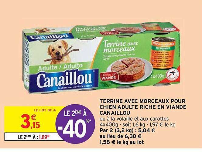 terrine avec morceaux pour chien adulte riche en viande canaillou le 2ème à -40%
