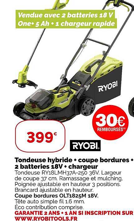 tondeuse hybride + coupe bordures + 2 batteries 18v + chargeur ryobi