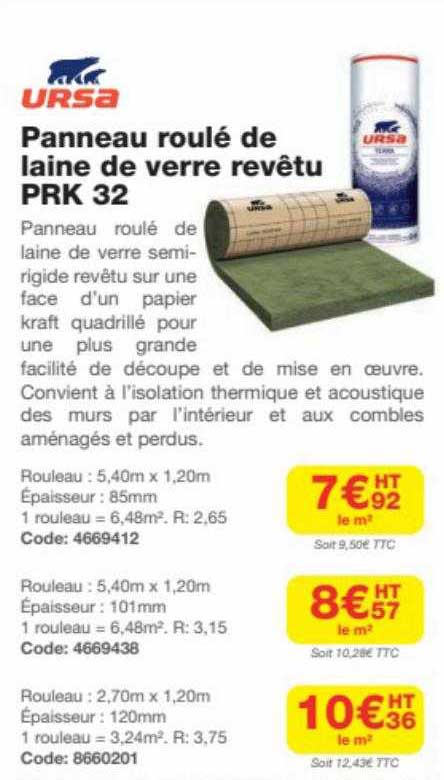 ursa panneau roulé de laine de verre revêtu prk 32