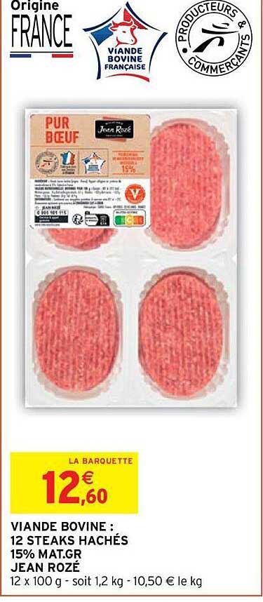 viande bovine : 12 steaks hachés 15% mat. gr. jean rozé