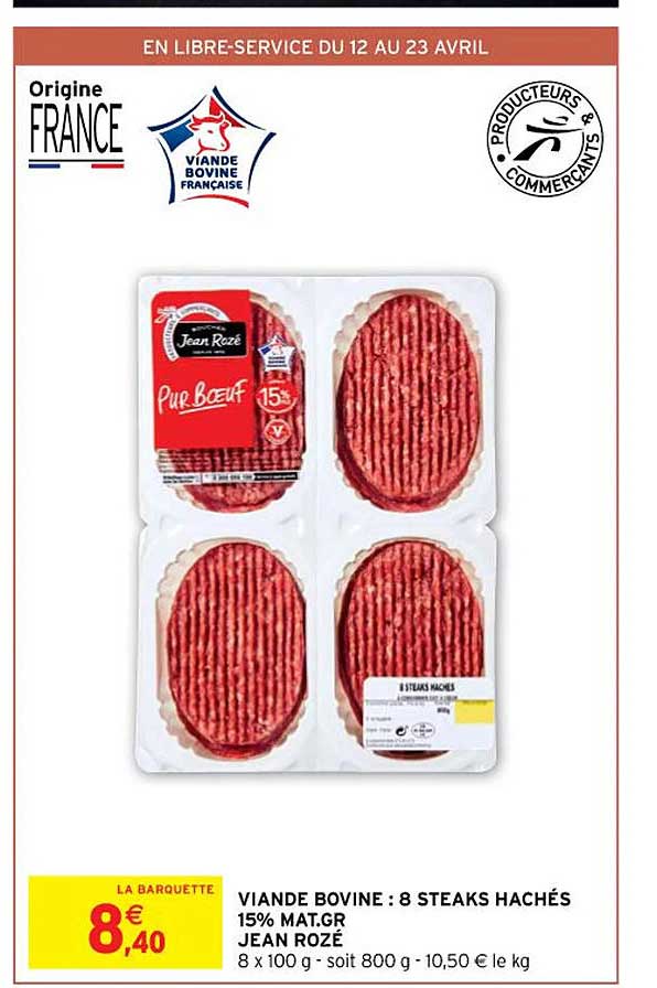 viande bovine : 8 steaks hachés 15% mat.gr. jean rozé