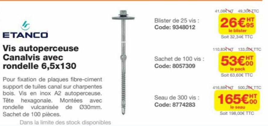 vis autoperceuse canalvis avec rondelle 6.5x130 etanco