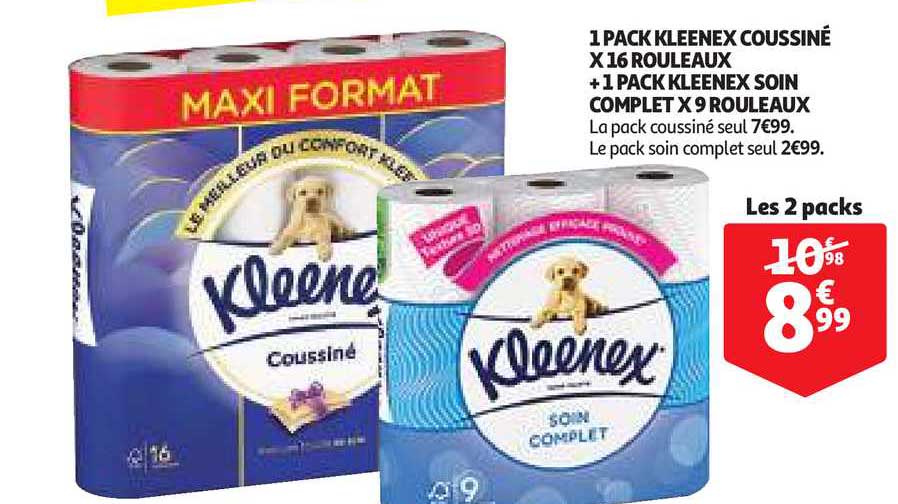 1 Pack Kleenex Coussiné X16 Rouleaux + 1 Pack Kleenex Soin Complet X9 Rouleaux