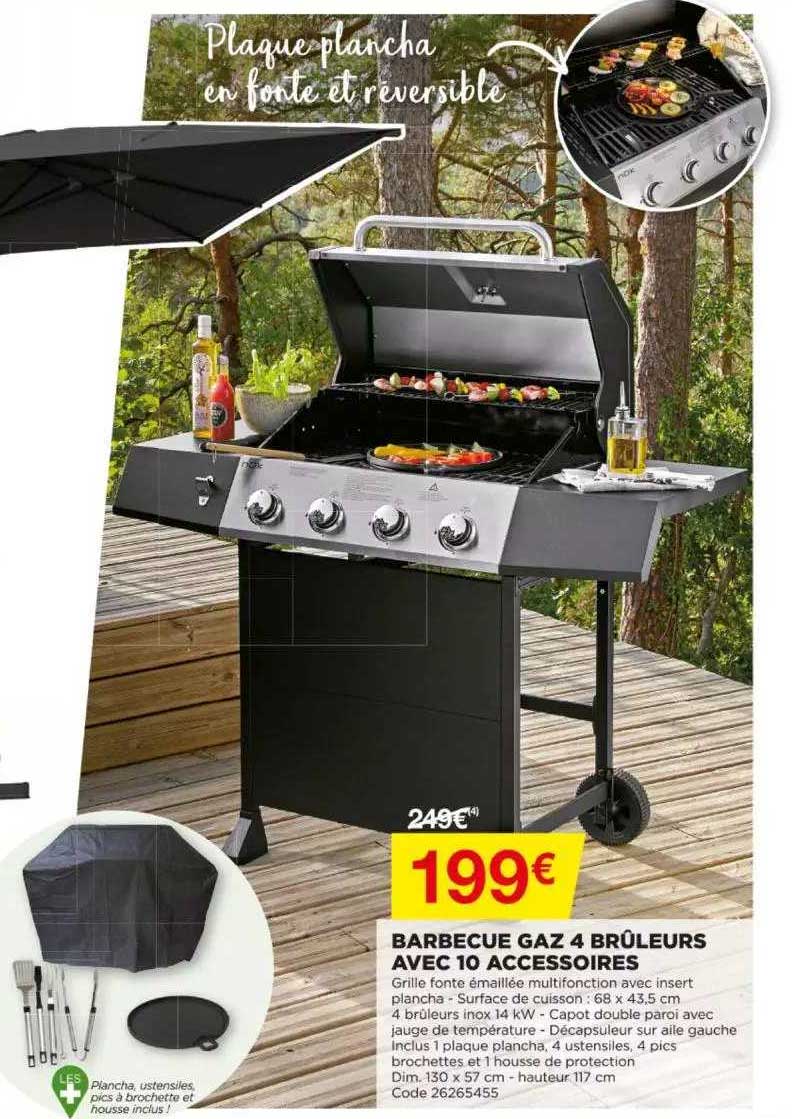barbecue gaz 4 brûleurs avec 10 acceessoires