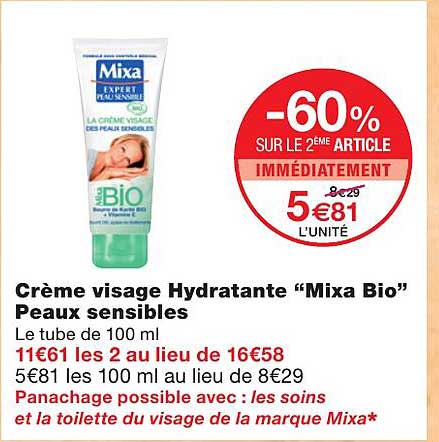 crème visage hydratante "mixa bio" peaux sensibles
