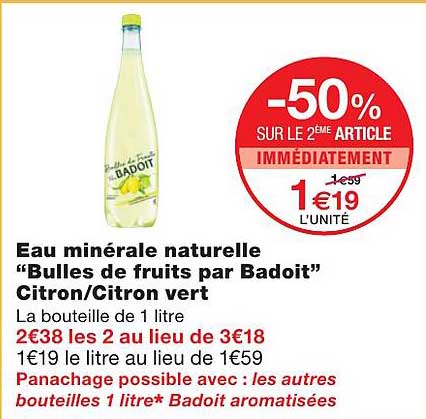 eau minérale naturelle "bulles de fruits par badoit" citron-citron vert