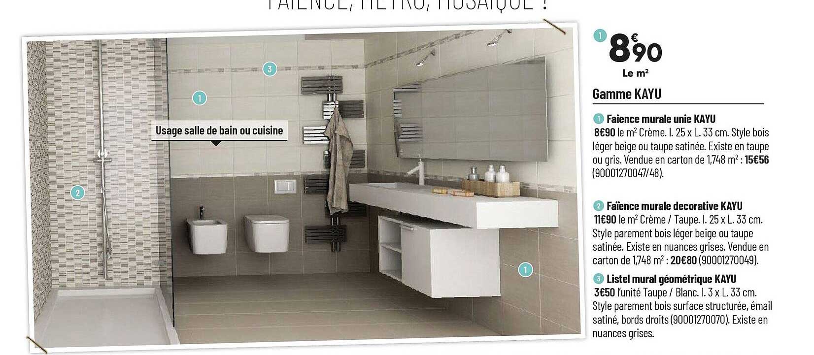 faïence murale unie kayu, faïence murale décorative kayu, listel mural géométrique kayu