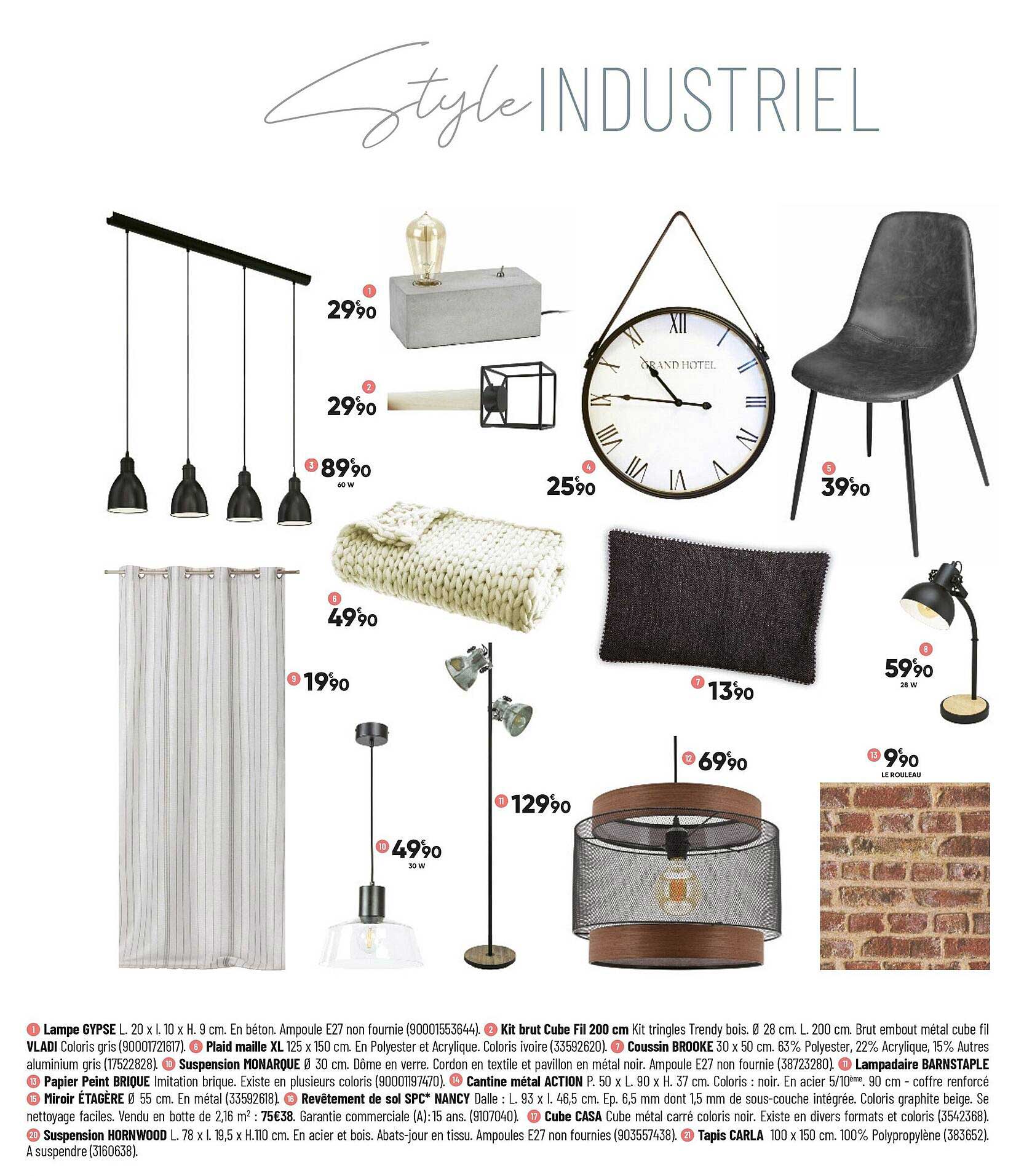 lampe gypse, kit brut cube fil 200 cm, plaid maille xl, coussin brooke, suspension monarque, lampadaire barnstaple, papier peint brique, cantine métal action, miroir étagère, revêtement de sol spc