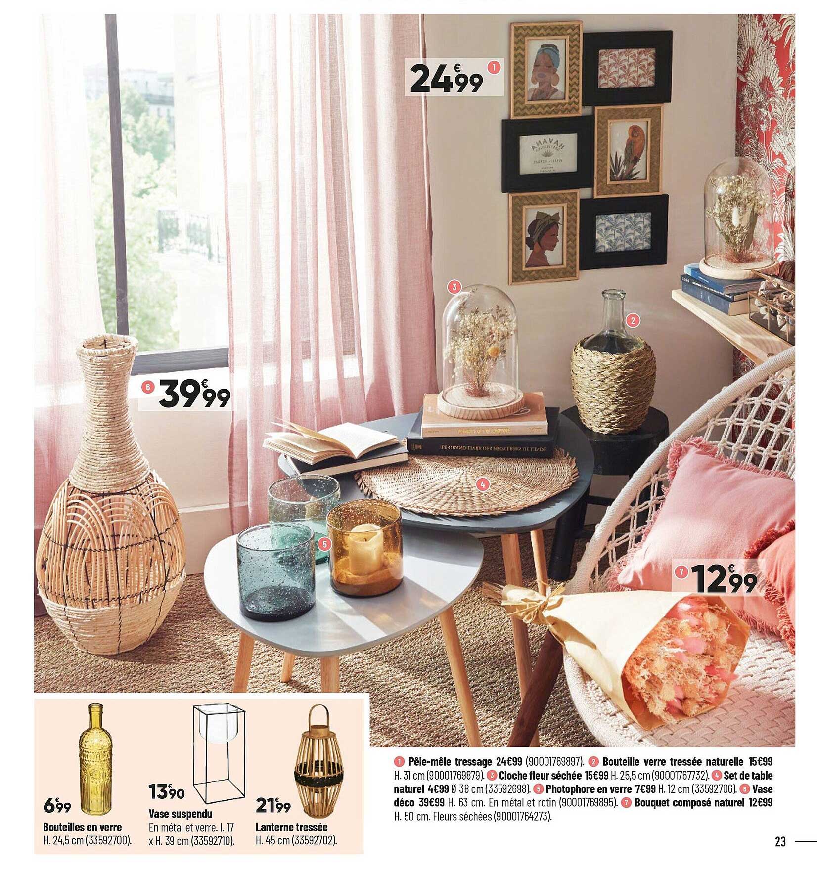 pèle-mêle tressage, bouteille verre tressée naturelle, cloche fleur séchée, set de table naturel, photophore en verre, vase déco, bouquet composé naturel