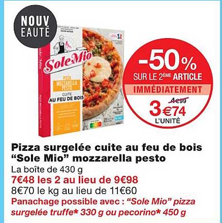 pizza surgelée cuite au feu de bois "sole mio" mozzarella pesto