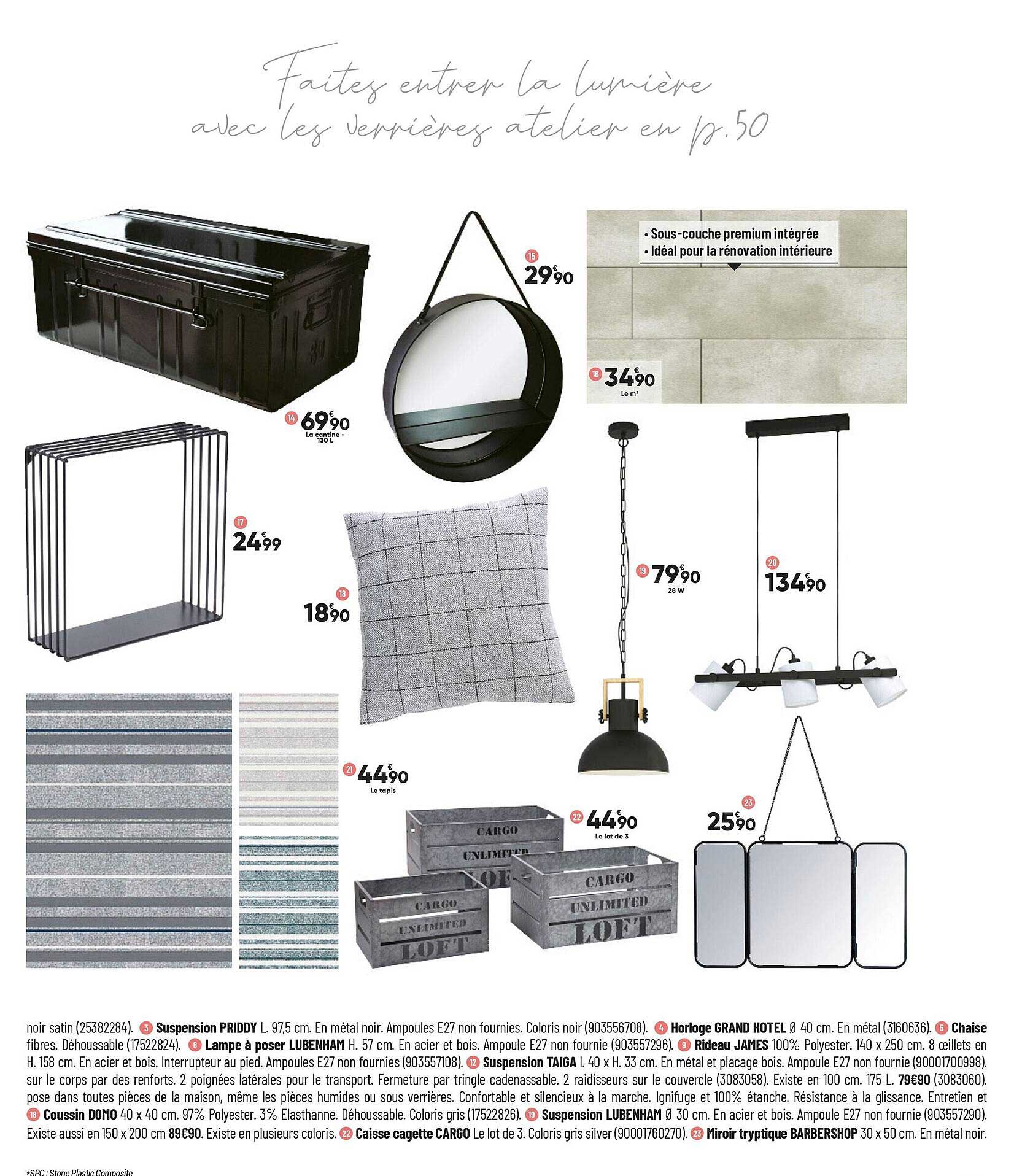 suspension priddy, horloge grand hotel, chaise, lampe à poser lubenham, rideau james, suspension taiga, coussin domo, suspension lubenham, caisse cagette cargo, miroir