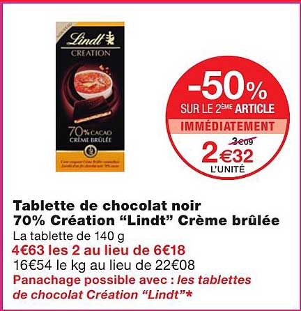 Tablette De Chocolat Noir 70% Création "lindt" Crème Brûlée