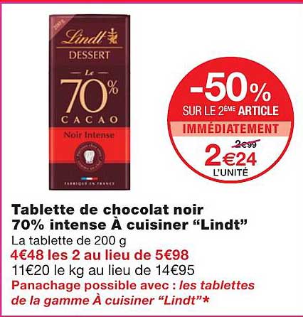 tablette de chocolat noir 70% intense à cuisiner "lindt"
