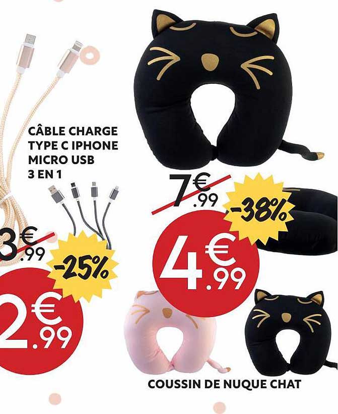 câble charge type c iphone micro usb 3 en 1, coussin de nuque chat